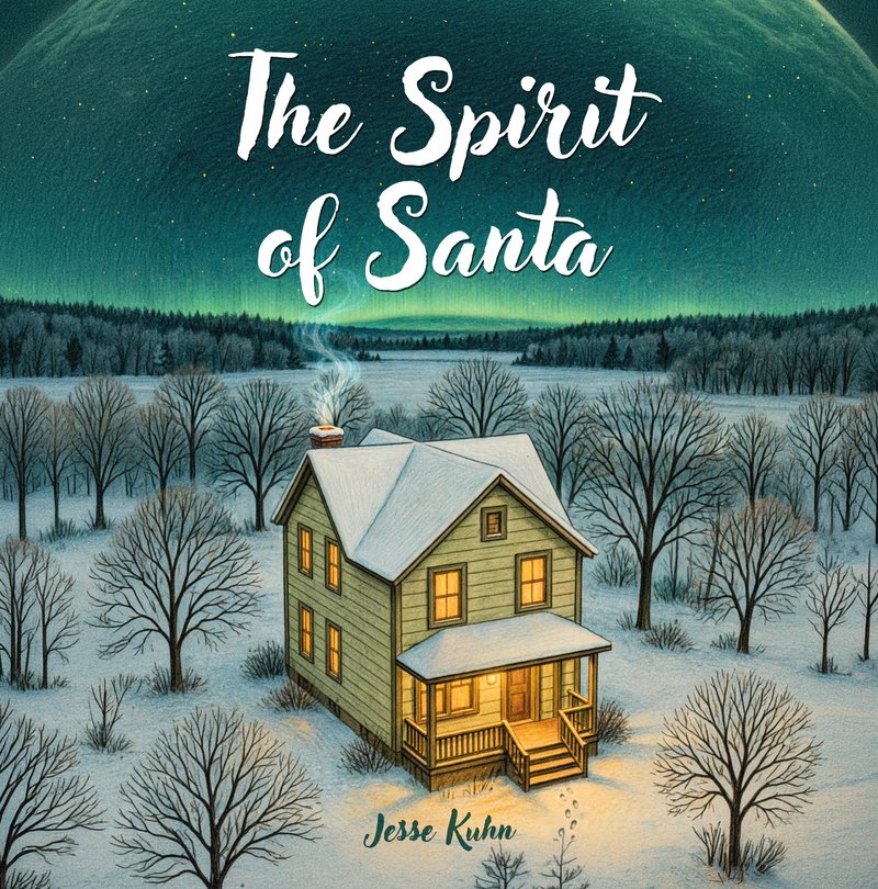 Cover of The Spirit of Santa by Jesse Kuhn: a snow-covered house with warmly lit windows beneath the northern lights, the title lettered in white script across the night sky